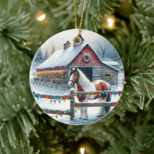 Beautiful Horse on a Christmas Farm Personalized Ceramic Ornament