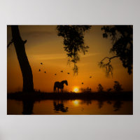 Beautiful Horse on a Golden Pond with Birds