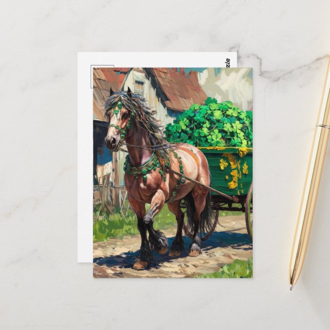 Beautiful Horse Pulling a Load of Shamrocks Postcard (Front/Back In Situ)