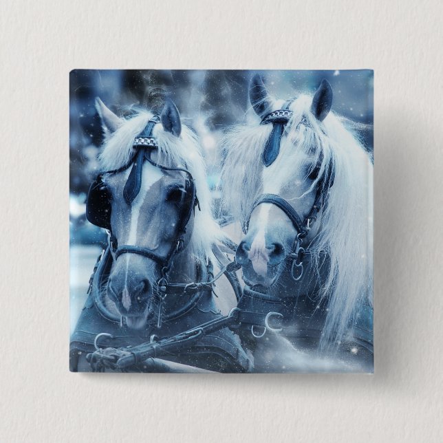 Beautiful Horse Team Winter Driving Photo 2 Inch Square Button (Front)