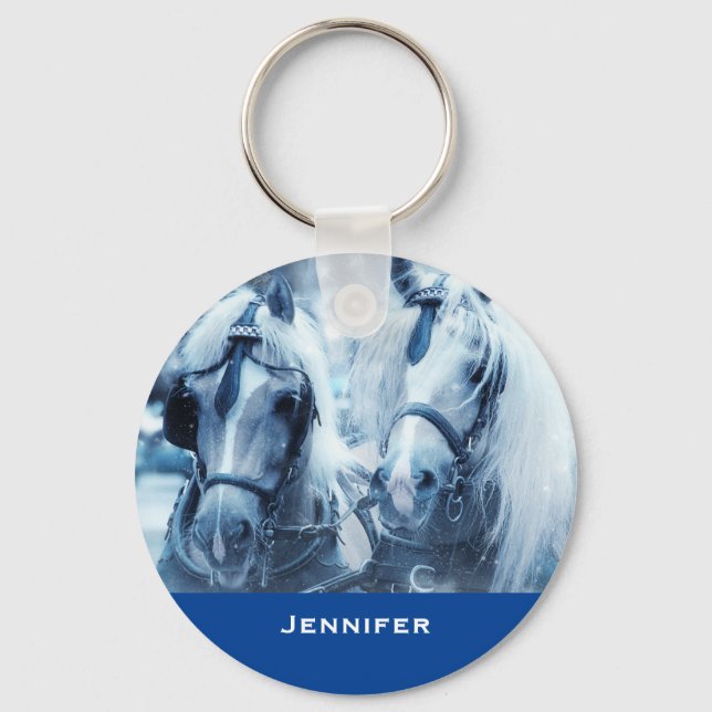 Beautiful Horse Team Winter Driving Photo Keychain (Front)
