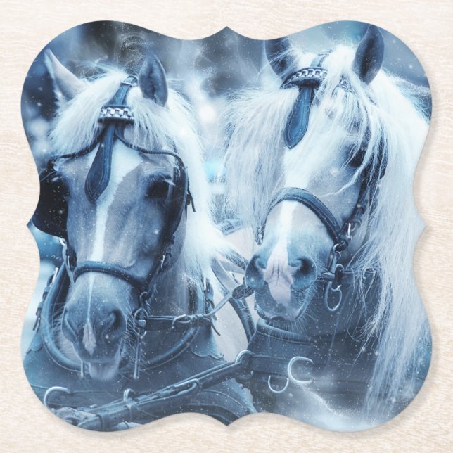 Beautiful Horse Team Winter Driving Photo Paper Coaster (Front)