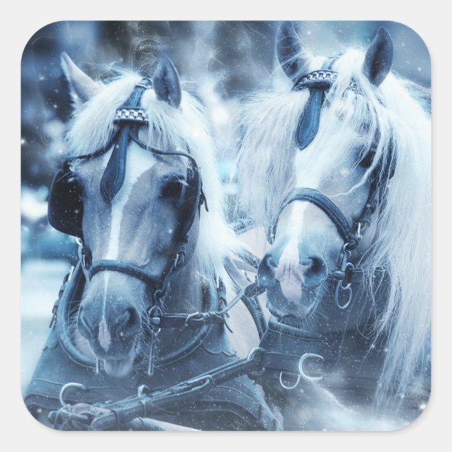 Beautiful Horse Team Winter Photo Square Sticker (Front)