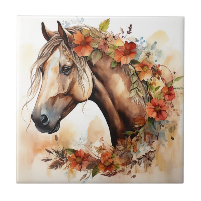 Beautiful Horse with Pretty Flowers Watercolor Tile (Front)