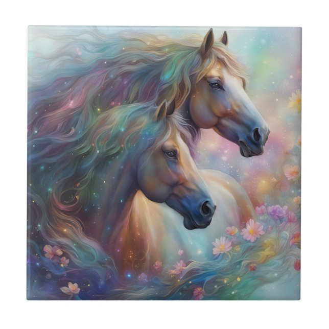 Beautiful Horses and Flowers Art Tile (Front)