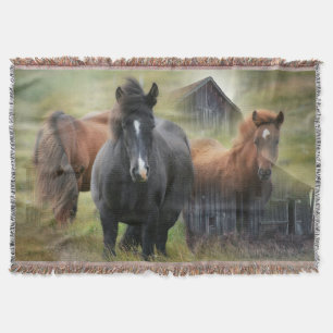 Beautiful Horses and Rustic Barn Throw Blanket