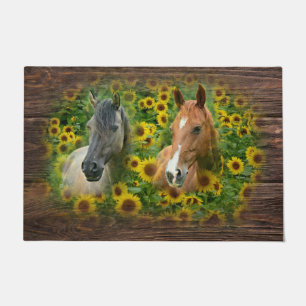 Beautiful Horses in Field of Sunflowers Doormat