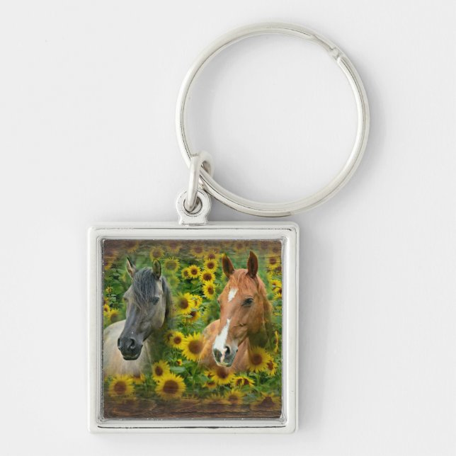Beautiful Horses in Field of Sunflowers Keychain (Front)