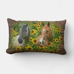 Beautiful Horses in Field of Sunflowers Lumbar Pillow