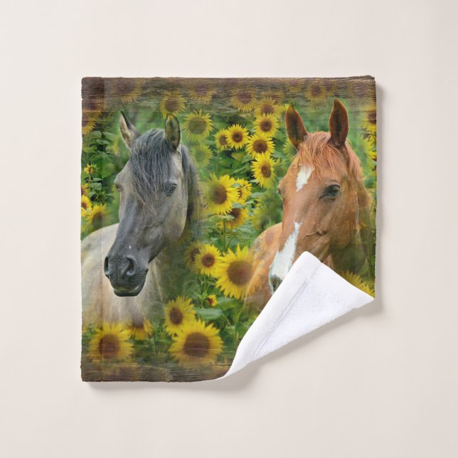 Beautiful Horses in Field of Sunflowers Wash Cloth (Wash Cloth)