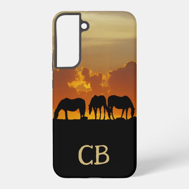 Beautiful Horses in Sunset Evening Custom Initials Samsung Galaxy S22+ Case (Back)