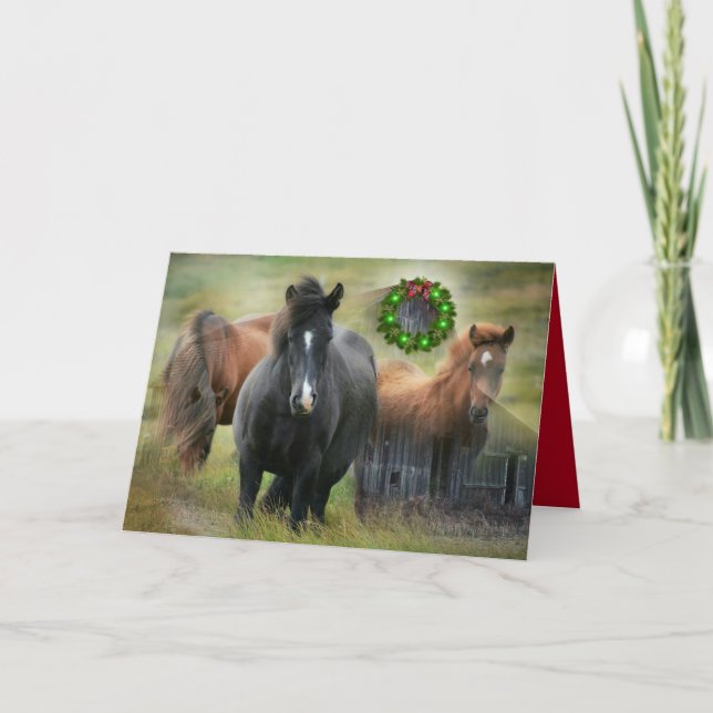 Beautiful Horses Rustic Barn Christmas Holiday Card (Front)