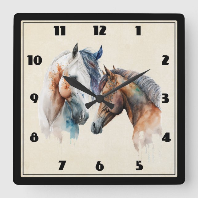 Beautiful Horses Western Boho Style Square Wall Clock (Front)