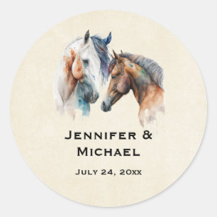 Beautiful Horses Western Boho Style Wedding Date Classic Round Sticker