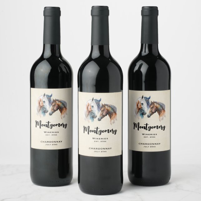 Beautiful Horses Western Boho Style Wine Label (Bottles)