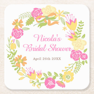 Beautiful Hot Pink Floral Wreath Bridal Shower Square Paper Coaster