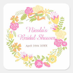 Beautiful Hot Pink Floral Wreath Bridal Shower Square Sticker