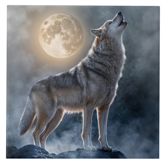 Beautiful Howling Wolf Moon Art Tile (Front)