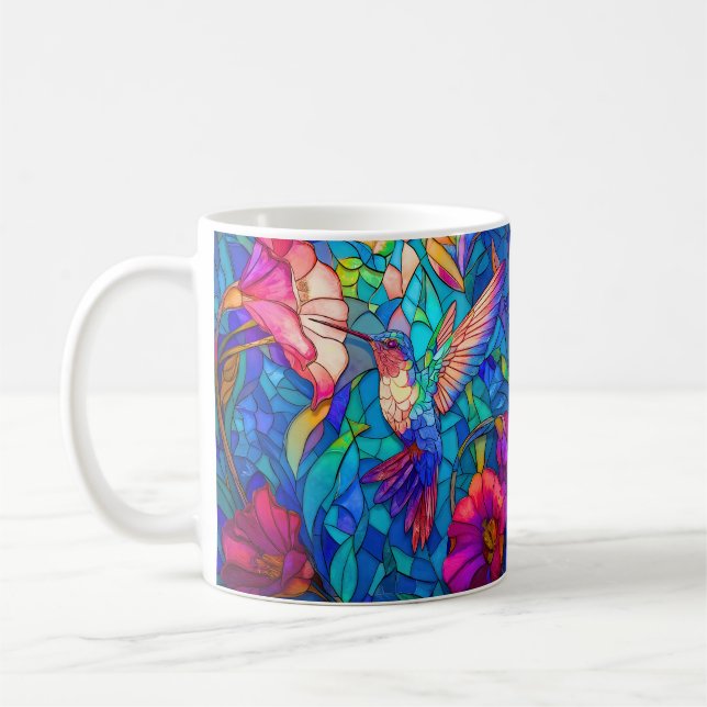 Beautiful Hummingbird Flower Garden Stained Glass  Coffee Mug (Left)
