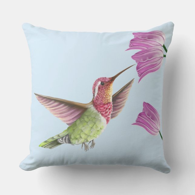 Beautiful Hummingbird in Flight with Tulips Outdoor Pillow (Front)