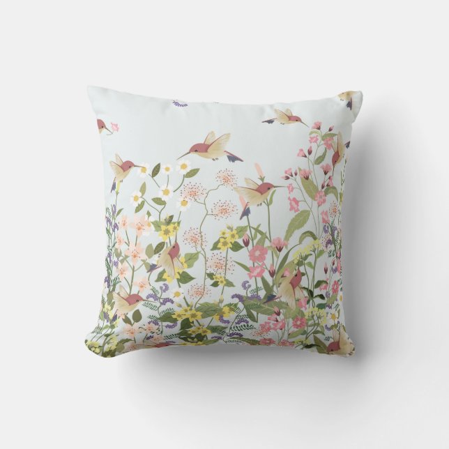 Beautiful hummingbird in sweet floral flower garde throw pillow (Front)