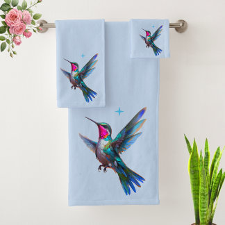 Beautiful Hummingbird on Light Blue Bath Towel Set