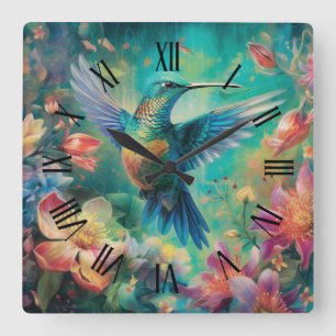Beautiful Hummingbird Surrounded by Flowers Square Wall Clock