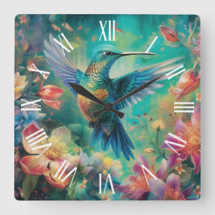 Beautiful Hummingbird Surrounded by Flowers Square Wall Clock