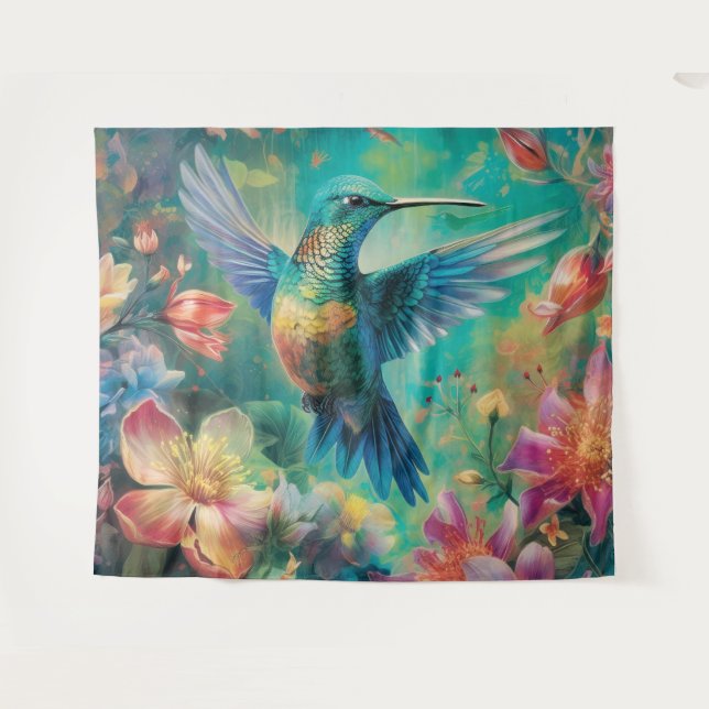 Beautiful Hummingbird Surrounded by Flowers Tapestry (Front (Horizontal))