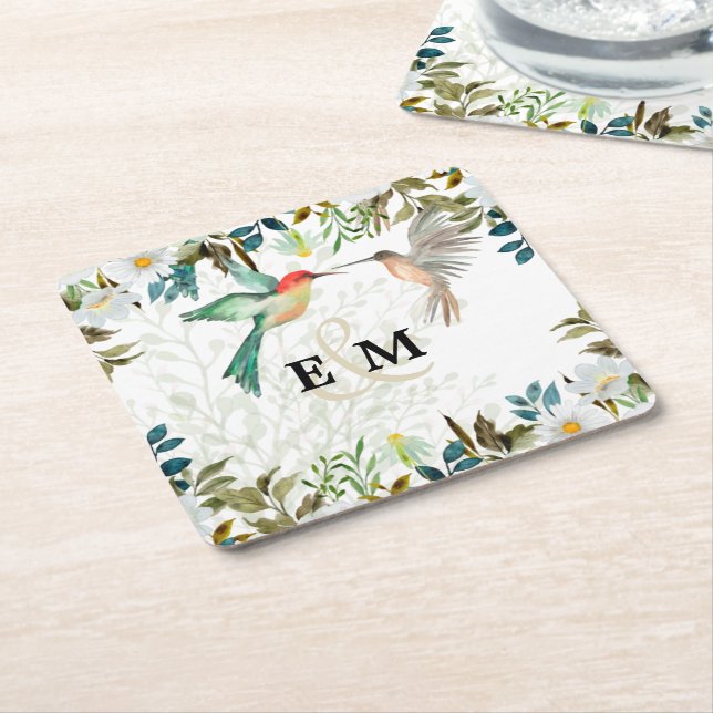 Beautiful HUMMINGBIRDS Couple Wedding Square Paper Coaster (Angled)