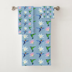Beautiful Hummingbirds & Flowers on Light Blue Bath Towel Set