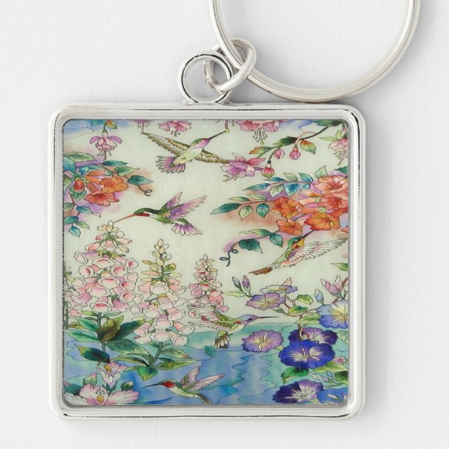 Beautiful Hummingbirds Flowers Stained Glass Art Keychain (Front)