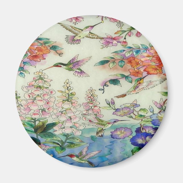 Beautiful Hummingbirds Flowers Stained Glass Art Magnet (Front)