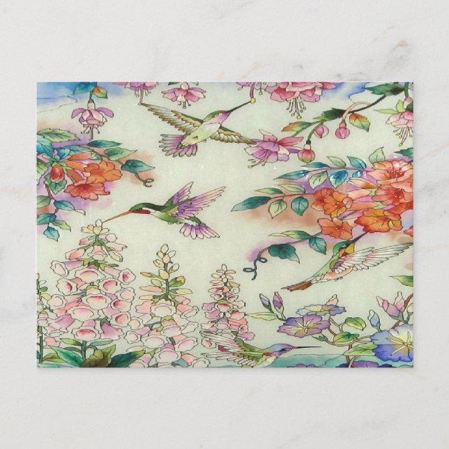 Beautiful Hummingbirds Flowers Stained Glass Art Postcard (Front)