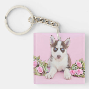 Beautiful Husky Puppy with Pink Roses Keychain