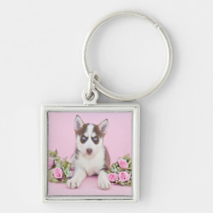 Beautiful Husky Puppy with Pink Roses Keychain