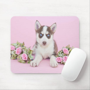 Beautiful Husky Puppy with Pink Roses Mouse Pad