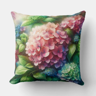 Beautiful Hydrangea Pink and Green Throw Pillow