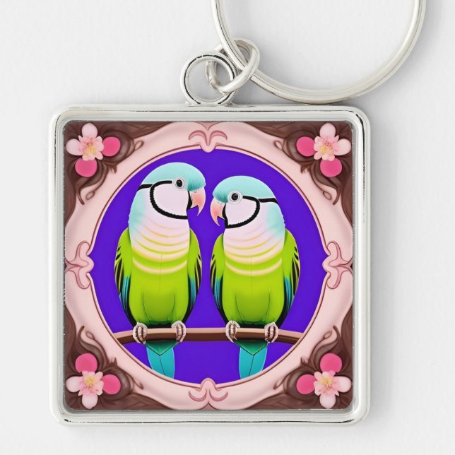 Beautiful Illustrative Parrots Together Keychain (Front)