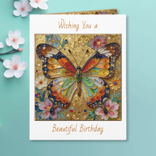 Beautiful Impasto Butterfly and Flowers Birthday Card
