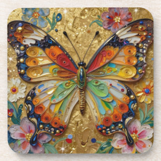 Beautiful Impasto Butterfly and Flowers Coaster