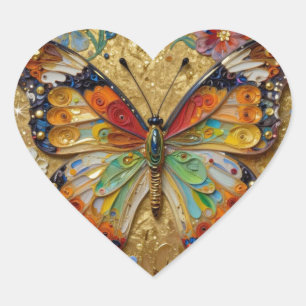 Beautiful Impasto Butterfly and Flowers Heart Sticker