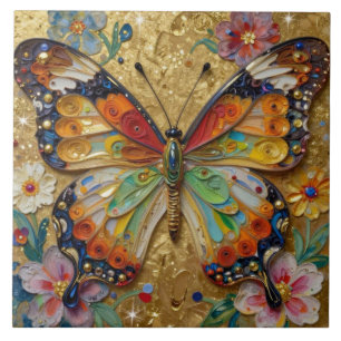 Beautiful Impasto Butterfly and Flowers Tile