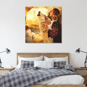Beautiful Indian Women Wolf & Full Moon Painting Canvas Print