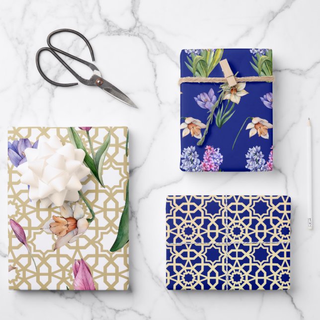 Beautiful Indigo & Gold Spring Blossom Wrapping Paper Sheet (Front)