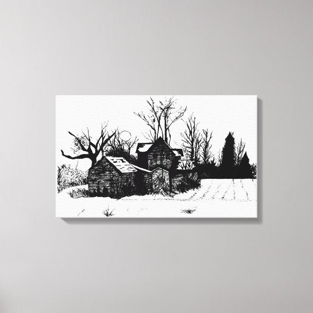 Beautiful Ink Drawing Farmstead Wrapped Canvas (Front)