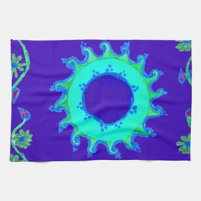 Beautiful Iridescent Blue Floral Art Oil Painting  Kitchen Towel (Horizontal)