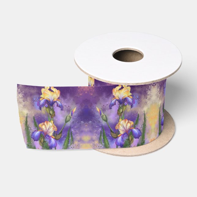 Beautiful Iris Ribbon Purple Flowers - Painting Satin Ribbon (Spool)