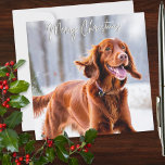 Beautiful Irish Red Setter Dog Breed Christmas Holiday Card<br><div class="desc">This beautiful Christmas card pictures an Irish red setter enjoying a walk in the snow. The greeting 'Merry Christmas' appears above the dog,  in elegant script typography. The back of the card is blank for your own individual message.</div>