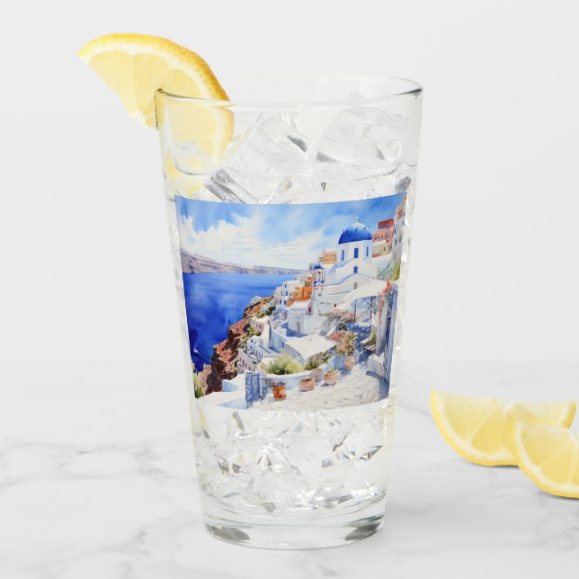 Beautiful island Santorini, Oia travel mug Glass (Front Ice)
